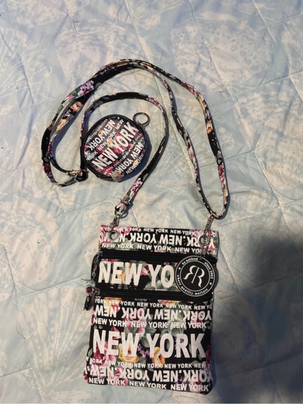 New York & Company Black Floral Logo Crossbody with Coin Pouch